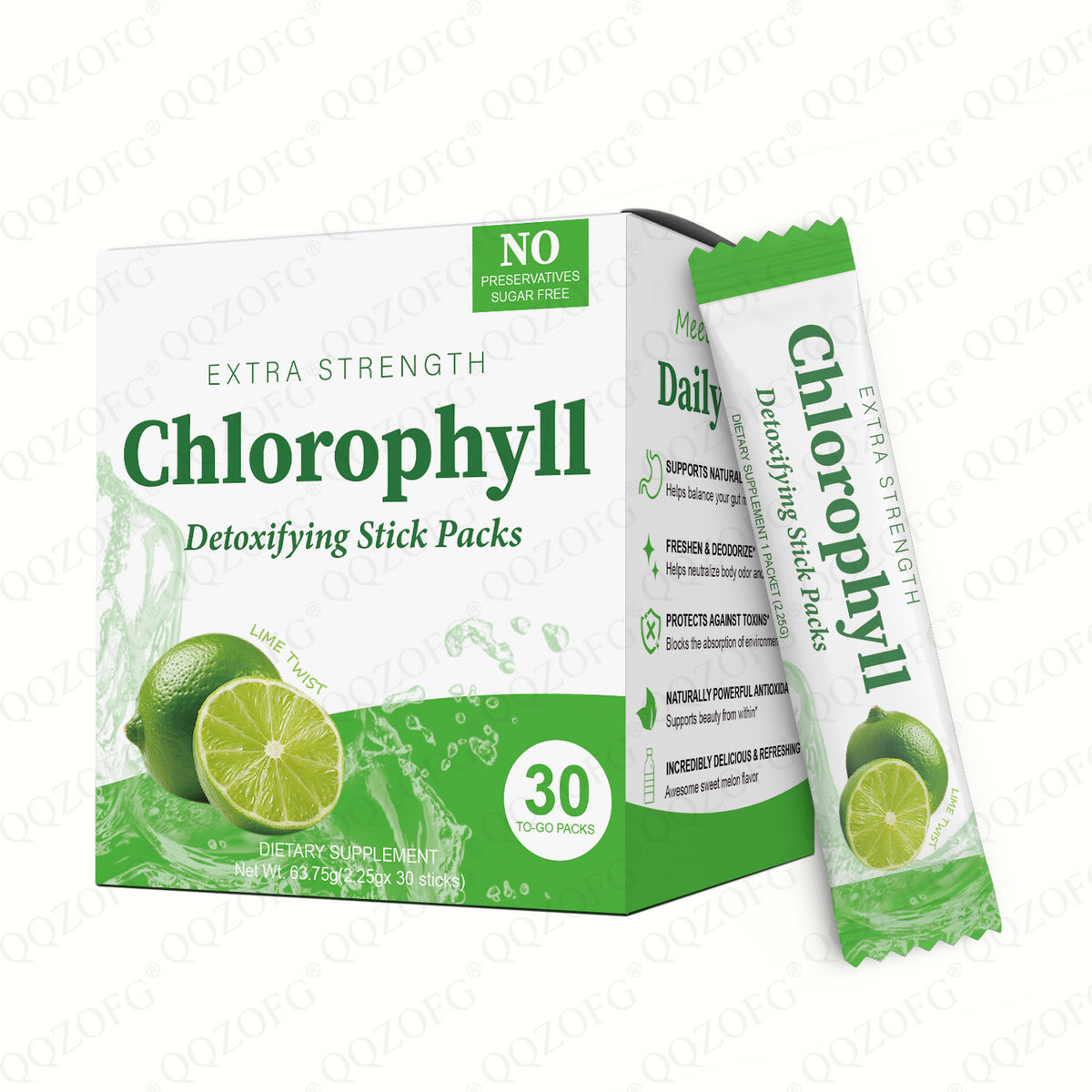 Chlorophyll Stick Pack Herbal Detox Supplement For Gut Health Super Green Powder Lime Flavor