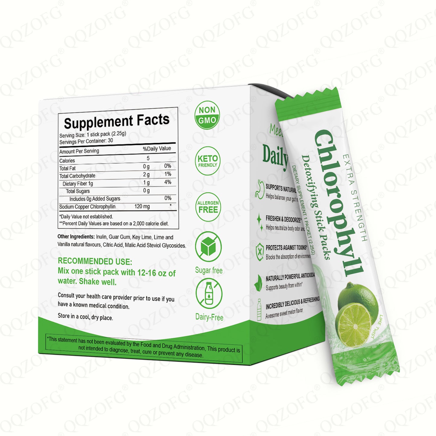 Chlorophyll Stick Pack Herbal Detox Supplement For Gut Health Super Green Powder Lime Flavor
