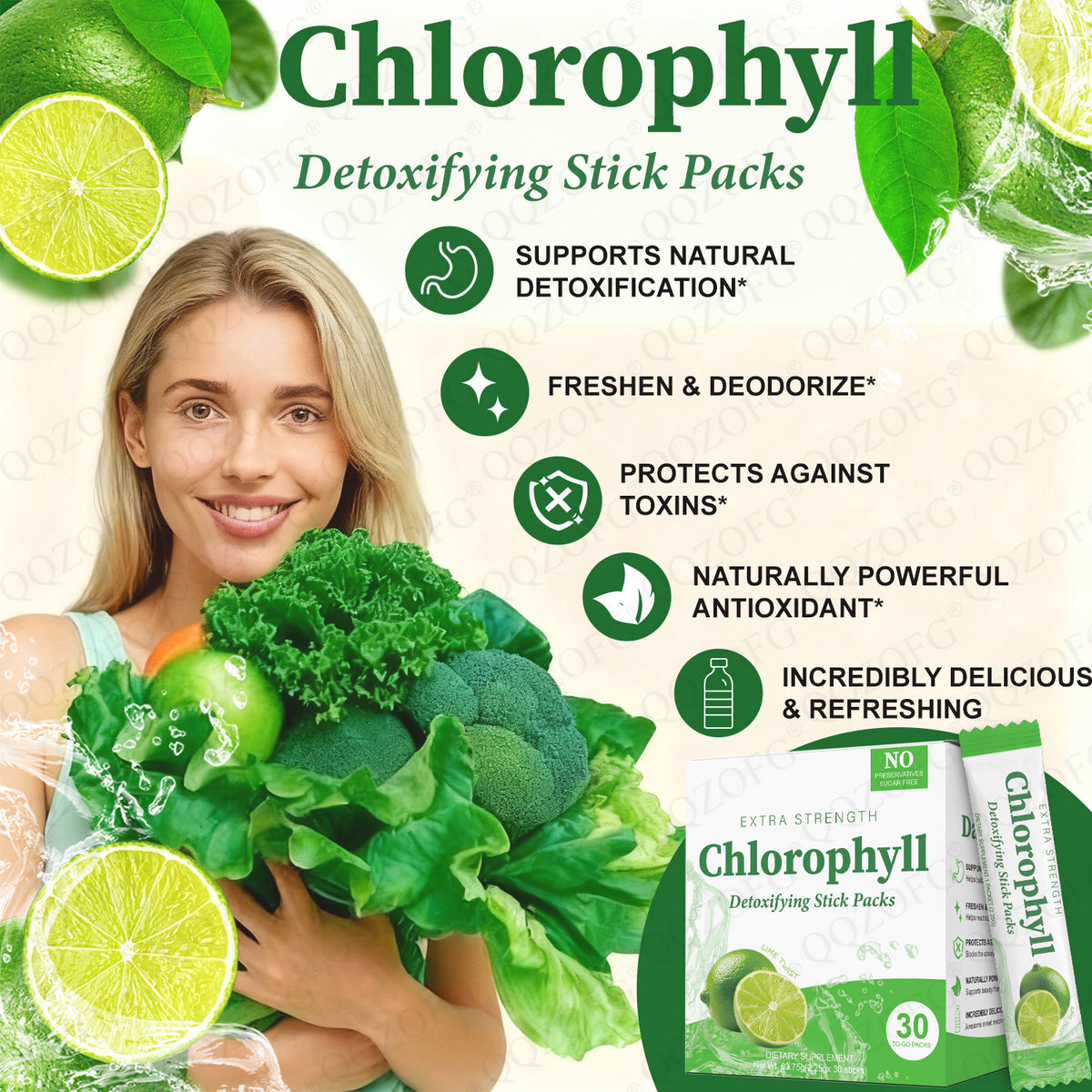 Chlorophyll Stick Pack Herbal Detox Supplement For Gut Health Super Green Powder Lime Flavor